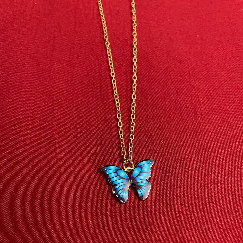NEW Girls Blue Multi-colored Butterfly Pendant Necklace with Chain